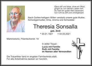 Traueranzeige von Theresia Sonsalla von Frankenpost
