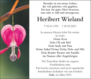 Traueranzeige von Heribert Wieland von Südthüringer Presse