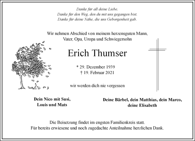  Traueranzeige für Erich Thumser vom 10.03.2021 aus Frankenpost