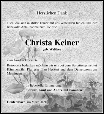Traueranzeige von Christa Keiner von Südthüringer Presse