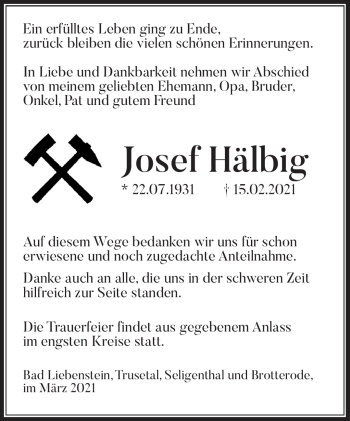 Traueranzeige von Josef Hälbig von Südthüringer Presse