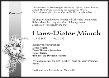 Traueranzeige von Hans-Dieter Mücnh von Südthüringer Presse