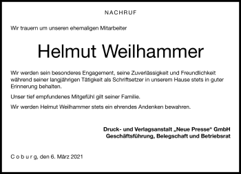 Traueranzeige von Helmut Weilhammer von Neue Presse Coburg