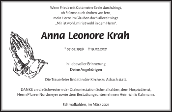 Traueranzeige von Anna Leonore Krah von Südthüringer Presse