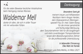 Traueranzeige von Waldemar Mell von Südthüringer Presse