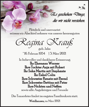 Traueranzeige von Regina Krauß von Südthüringer Presse