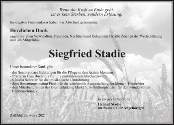 Traueranzeige von Siegfried Stadie von Südthüringer Presse