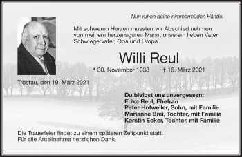 Traueranzeige von Willi Reul von Frankenpost