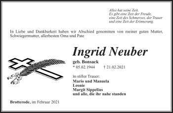 Traueranzeige von Ingrid Neuber von Südthüringer Presse
