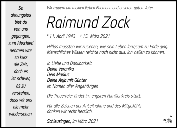 Traueranzeige von Raimund Zock von Südthüringer Presse