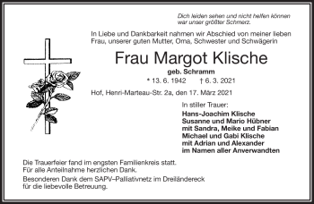 Traueranzeige von Margot Klische von Frankenpost