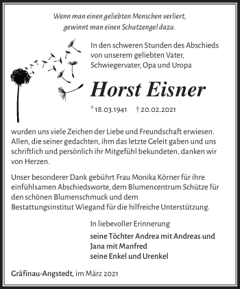 Traueranzeige von Horst Eisner von Südthüringer Presse
