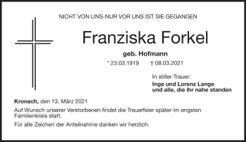 Traueranzeige von Franzsika Forkel von Neue Presse Coburg