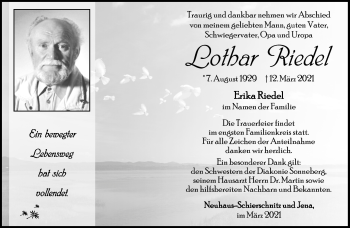 Traueranzeige von Lothar Riedel von Südthüringer Presse