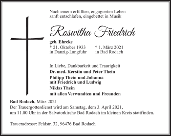 Traueranzeige von Roswitha Friedrich von Südthüringer Presse