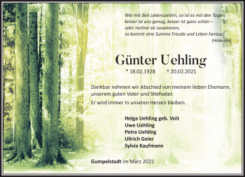Traueranzeige von Günter Uehling von Südthüringer Presse