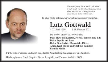 Traueranzeige von Lutz Gottwald von Südthüringer Presse