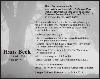 Traueranzeige von Hans Beck von Südthüringer Presse