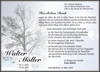 Traueranzeige von Walter Möller von Südthüringer Presse