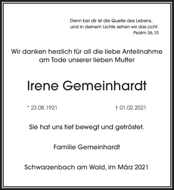 Traueranzeige von Irene Gemeinhardt von Frankenpost
