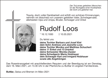 Traueranzeige von Rudolf Loos von Südthüringer Presse