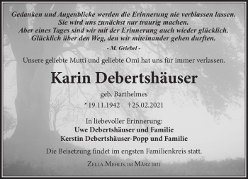 Traueranzeige von Karin Debertshäuser von Südthüringer Presse
