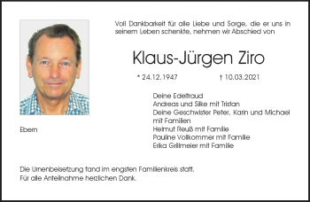 Traueranzeige von Klaus-Jürgen Ziro von Neue Presse Coburg