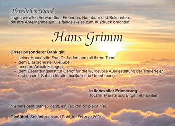Traueranzeige von Hans Grimm von Südthüringer Presse