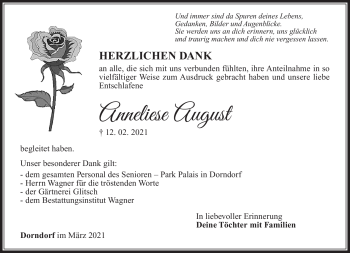 Traueranzeige von Anneliese August von Südthüringer Presse