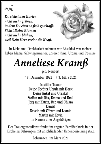 Traueranzeige von Anneliese Kramß von Südthüringer Presse