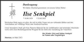 Traueranzeige von Ilse Senkpiel von Südthüringer Presse