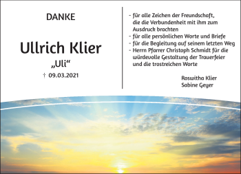 Traueranzeige von Ullrich Klier von Frankenpost