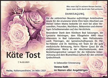 Traueranzeige von Käte Tost von Südthüringer Presse