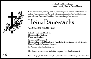 Traueranzeige von Heinz Bauersachs von Südthüringer Presse