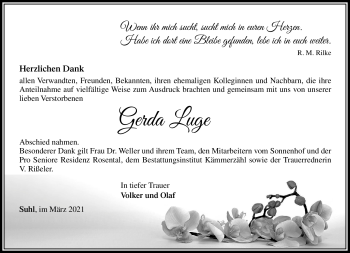 Traueranzeige von Gerda Luge von Südthüringer Presse