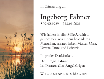 Traueranzeige von Ingeborg Fahner von Südthüringer Presse