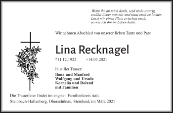 Traueranzeige von Lina Recknagel von Südthüringer Presse