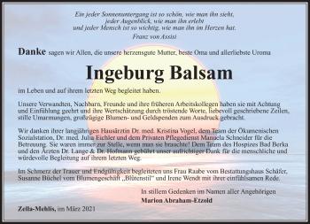 Traueranzeige von Ingeburg Balsam von Südthüringer Presse