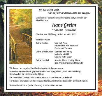 Traueranzeige von Hans Greim von Frankenpost