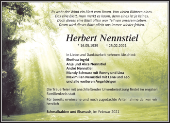 Traueranzeige von Herbert Nennstiel von Südthüringer Presse