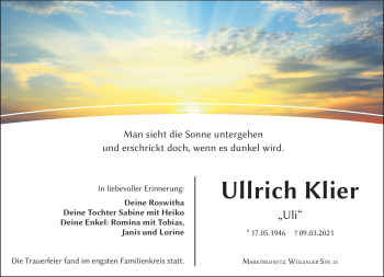 Traueranzeige von Ullrich Klier von Frankenpost