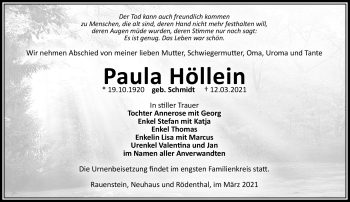 Traueranzeige von Paula Höllein von Südthüringer Presse