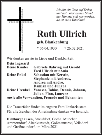 Traueranzeige von Ruth Ulrich von Südthüringer Presse
