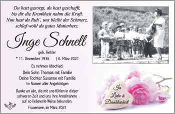 Traueranzeige von Inge Schnell von Südthüringer Presse