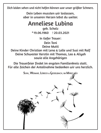 Traueranzeige von Anneliese Lubina von Südthüringer Presse