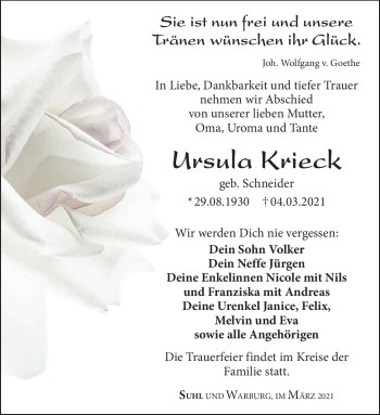 Traueranzeige von Ursula Krieck von Südthüringer Presse
