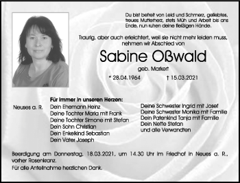 Traueranzeige von Sabine Oßwald von Neue Presse Coburg