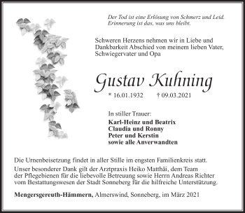 Traueranzeige von Gustav Kuhning von Südthüringer Presse