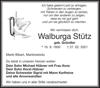 Traueranzeige von Walburga Stütz von Frankenpost