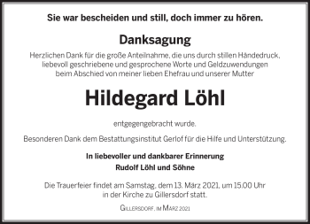 Traueranzeige von Hildegard Löhl von Südthüringer Presse